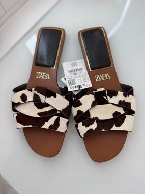 Zara Brown & White Cow-Print Slide Sandals with Gold Logo